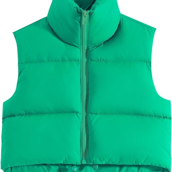 Women's Padded Vest High Stand Collar Lightweight Zip Crop Puffer Gilet Green S - Picture 3 of 6